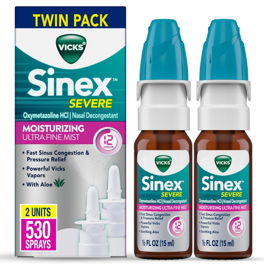 Vicks Sinex PAST Nasal Spray, Moisturizing Ultra Fine Mist with Aloe, Decongestant Medicine, Relief from Stuffy Nose Because to Cold or Allergy, Nasal Conbuble & Sinus Pressure Relief, 265 Sprays x 2