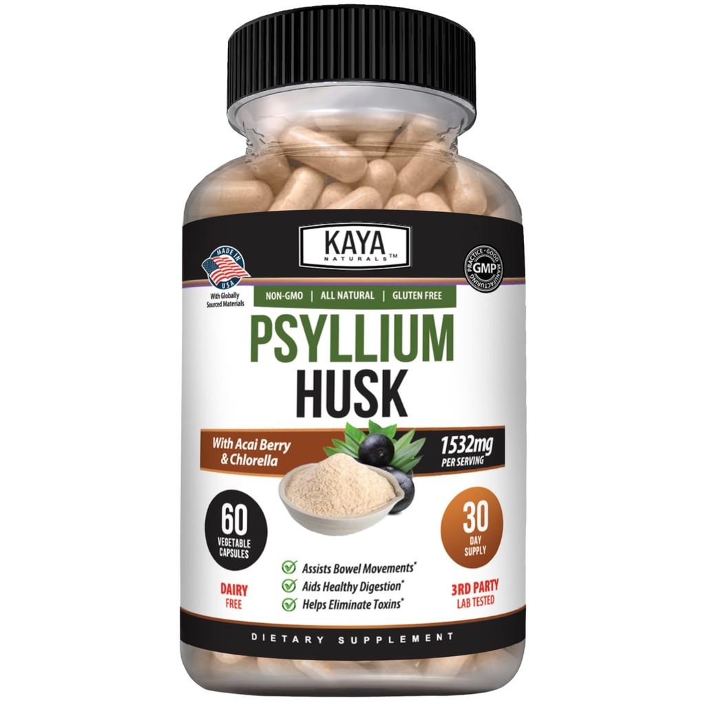 Kaya superial Psyllium Husk Capsules - 60 Count 124; High Fiber Supplement 12.000; Digetical Health & Regularitas 124; Gluten- Bebas, Non-GMO