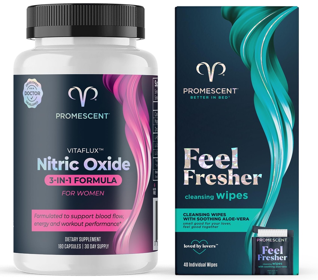 Promescent VitaFLUX Women 's Nitric Oxide Booster Suplement + Flausrible Wipes for Dewasa, Personal Cleansing Hygienic Wol for Men and Feminine Use