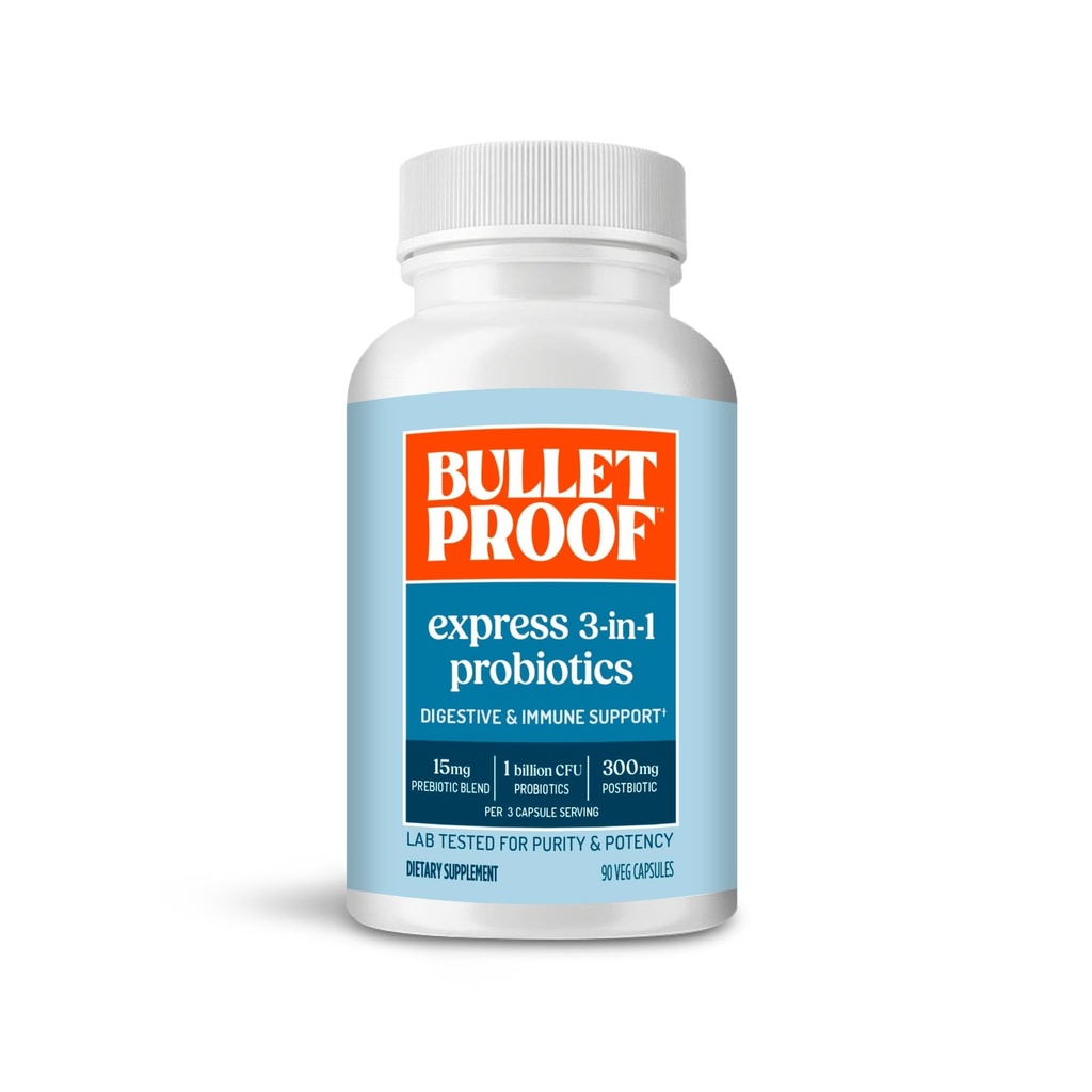 Bulletproof Express 3-in-1 Probiotic, 90 Count, Tambahan untuk Kesehatan Gut Cepat dan Diterima