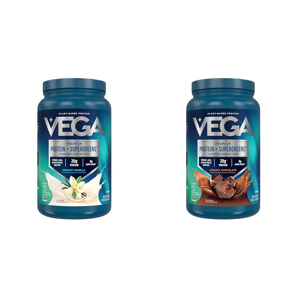 Vega Protein & Hijau Bundle, Chocolate + Vanilla (25 Serbuk Protein berbasis, Keto- Friendly, Gluten Free, Non Dairy, Vegan, Non Soy, Non GMO, Laktosa Free