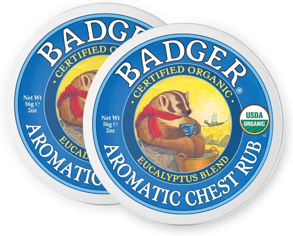 Badger Aromatic Chest Gosok, 100% Organic Vaporub w / Eucalyptus & Lavender Escience Oil untuk Membersihkan & Soothe, All- Natural Chest Relaffic Relief untuk Dewasa & Anak-anak, 2 oz Tin, 2-Pack