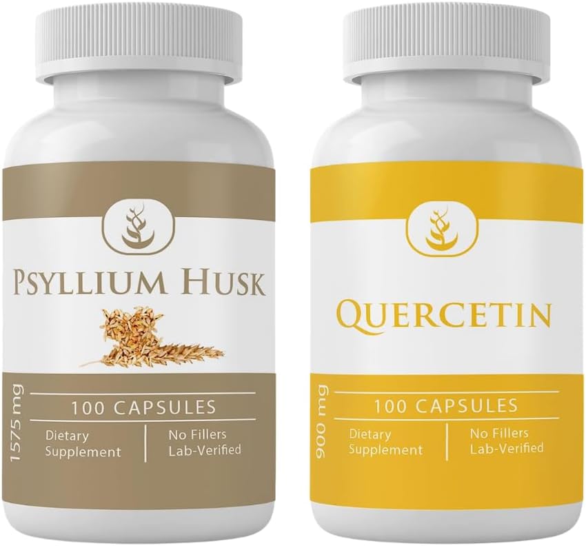 PURE ORIGINAL INGREDIENTS Psyllium Husk & Quercetin Capsule Bundle (100 Capsules Masing-masing), Tidak Ada Additives atau Fillers, Lab Verified