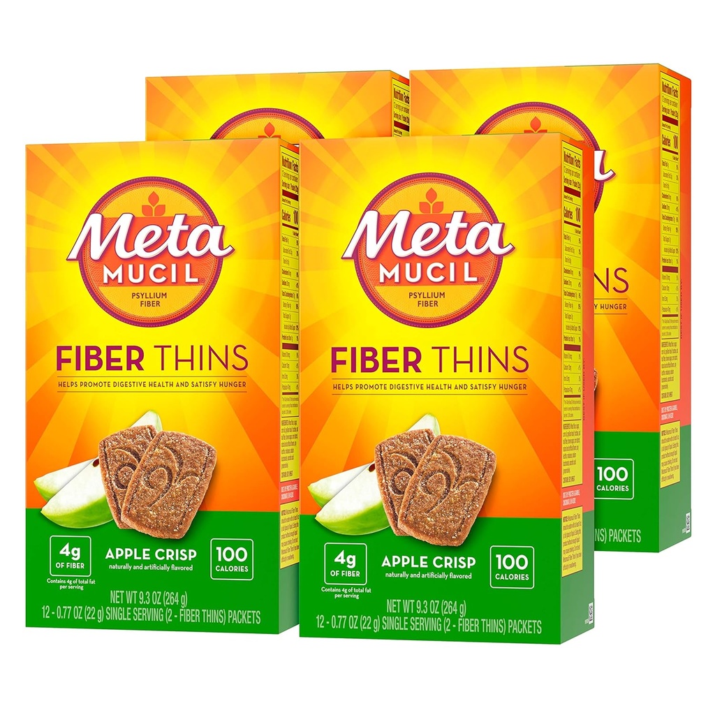 Metamucil Apple Crisp Flavored Fiber Thins Dietary Fiber Suplemen dengan Psyllium Husk, 9.3 Ounce, Paket 4