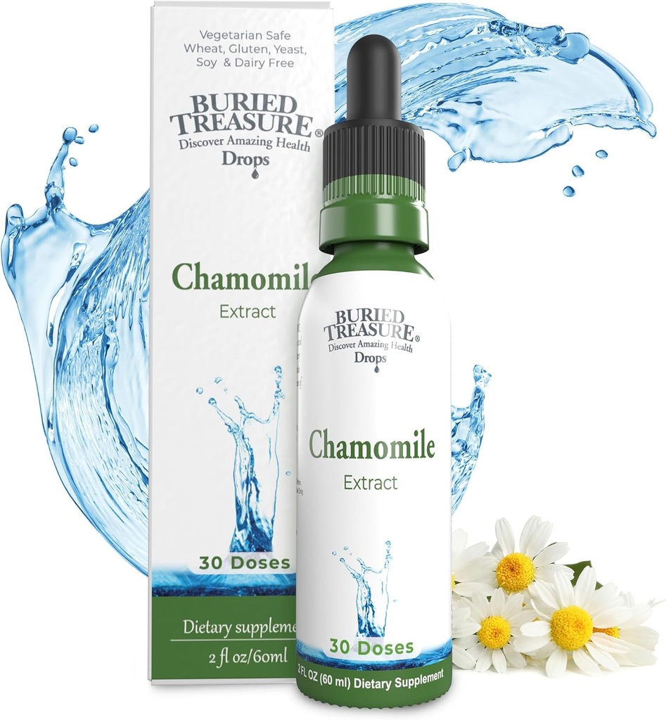 Treasure Chamomile Drops - 30 Pelayan, 2oz, Cairan Herbal Tenang Tambahan untuk Dukungan Relaksasi, Tidak Gula Tambahkan