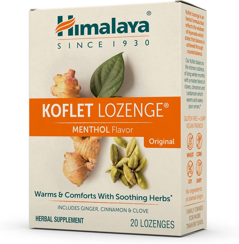 Himalaya Koflet Lozenges, Menthol Flavor, Natural Herbal Cough Drop untuk Relief Pemanasan dan Kompas Suara, 130 mg, 20 Lozenges