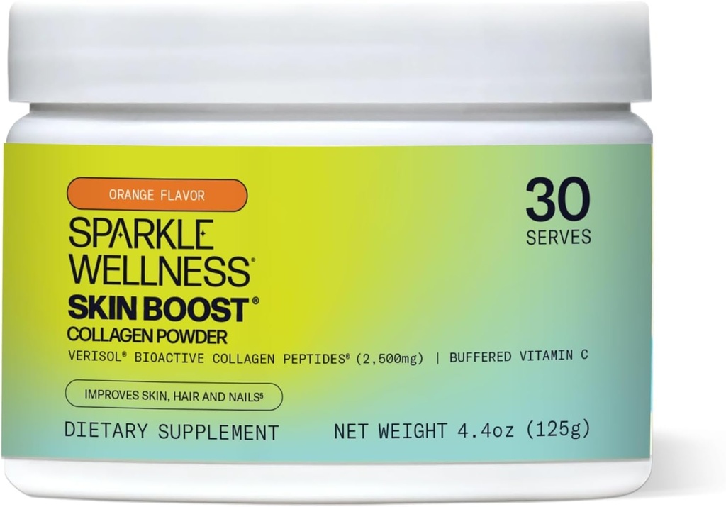 Sparkle WellOL VERISOL Bioactive Hydrolyzed Collagen Peptides 124; Collagen Powder Suplement with Vitamin C for Skin, Hair & Nail Health 124; Skin Boost (Orange) [30- Serves]