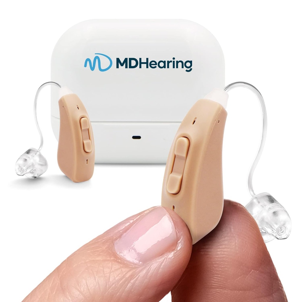 MDHearingAid AIR Hearing Aid (Pair), OTC Rechargable, Kristal- Clear Digital Sound oleh MDHearing, Sempurna untuk Kacamata, Hampir Tak Terlihat