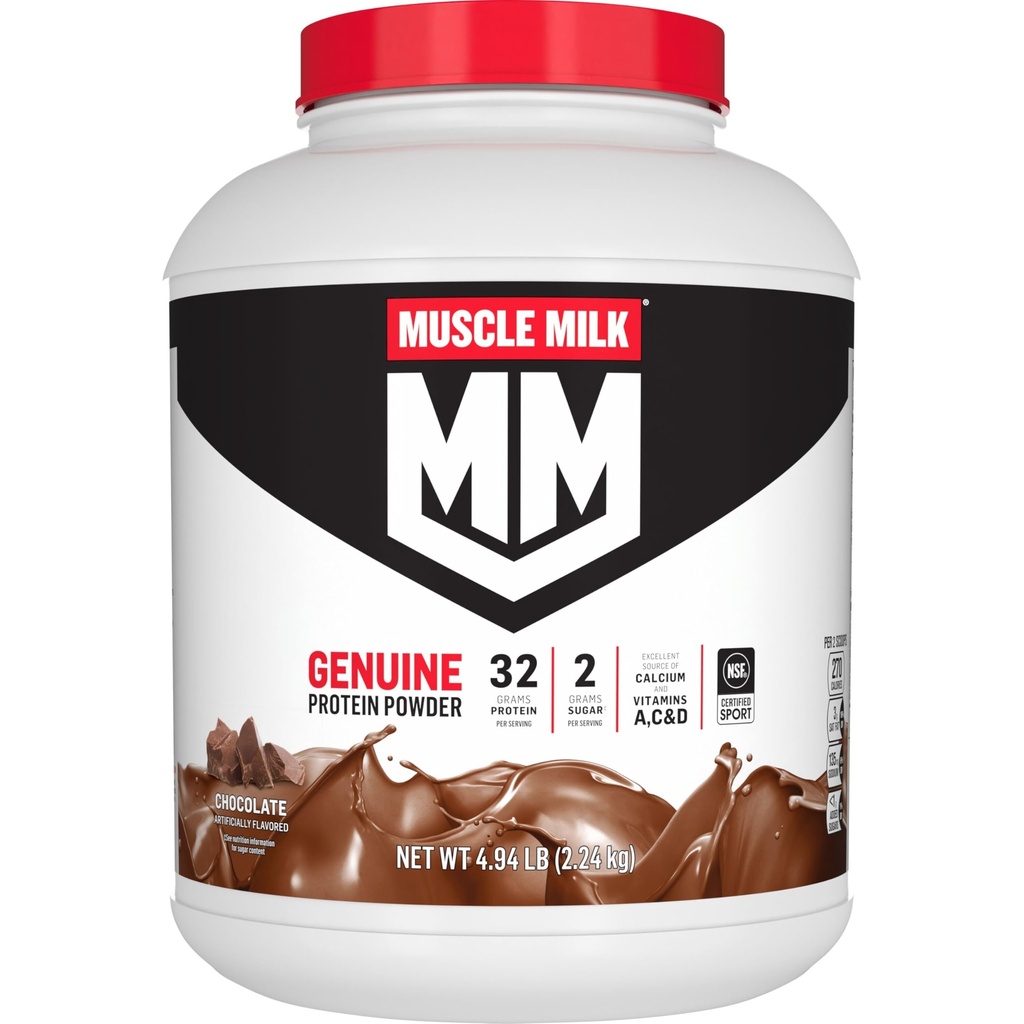 Muscle Milk Genuine Powder, Chocolate, 4.94 Pound, 32 Servings, 32g Protein, 2g Sugar, Kalsium, Vitamin A, C & D, NSF Bersertifikat untuk Sport, Energizing Snack, Packaging May Vary