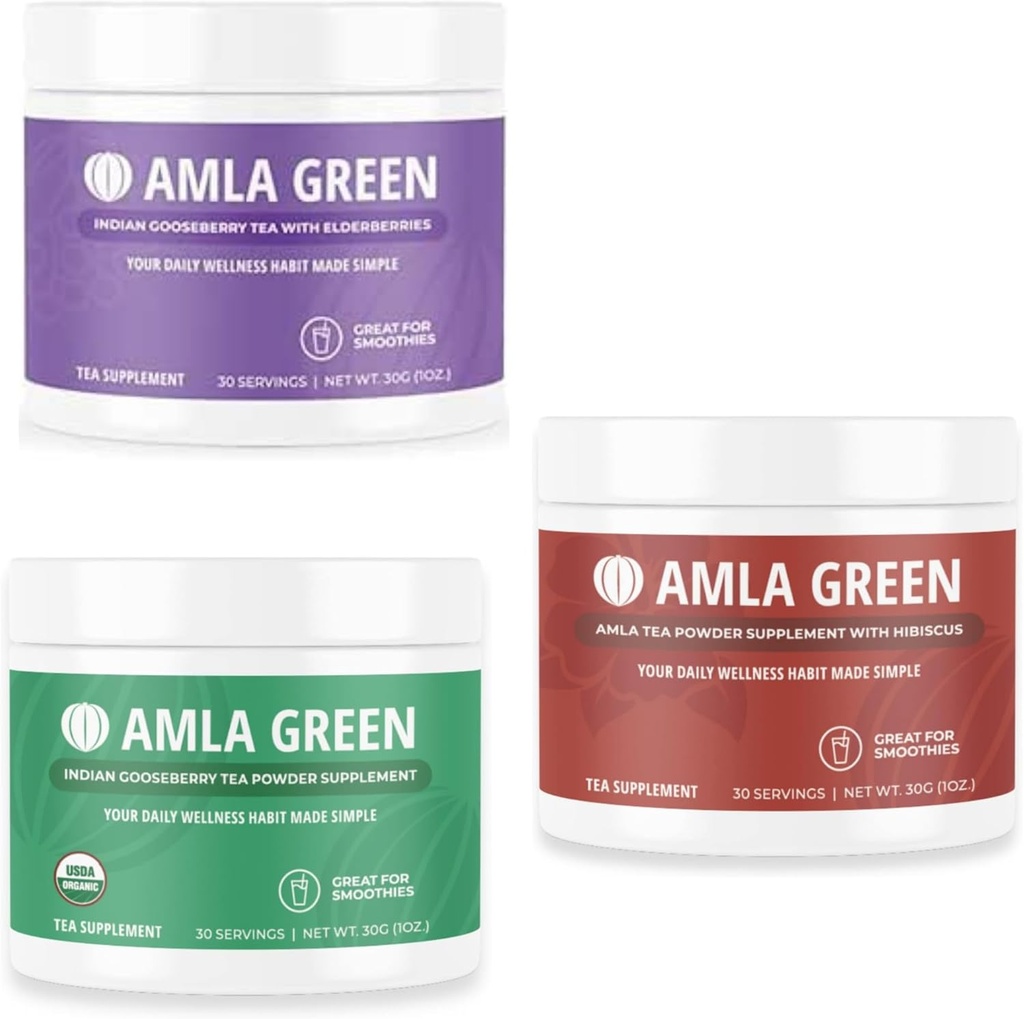 Amla Powder, Green Tea Superfood Suffood Suplemen dengan Elderberry & Indian Goseberry & Hibiscus, Organik, Vegan, 30 Servis
