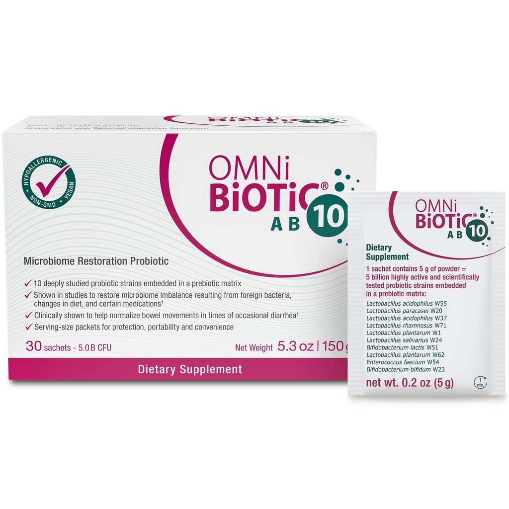 OMNi BiOTiC AB 10 - Secara klinis Diuji Reportif Probiotik - Pendukung & Reports Gut Flora & Diboth - Probiotic Diet - Vegan, Hypoallergenic, Non- GMO (30 Paket Harian)