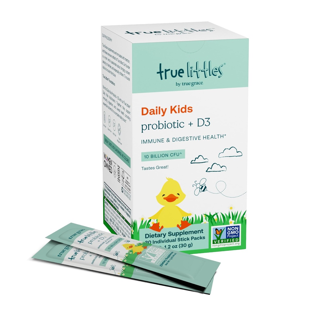 True Grace True Littles - 30 Individual Stick Packs - Anak-anak 'Daily Probiotic + Vitamin D3 untuk Imune & Digetical Health - Gluten, Soy & Dairy Free - 30 Servings