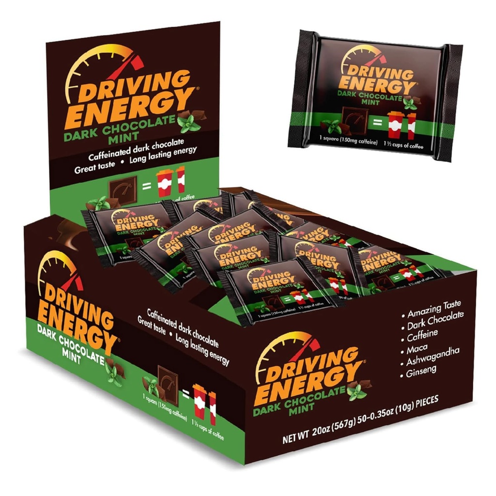 Penggerak Energi - Kafein Ukuran Bite Energi - Dark Chocolate Mint Energi dengan 150mg Caffeine - Long- Lasting Energy untuk Gym, Workout, Dewasa - Great Tast-Low Carb - Sehat Snack - 50 Count