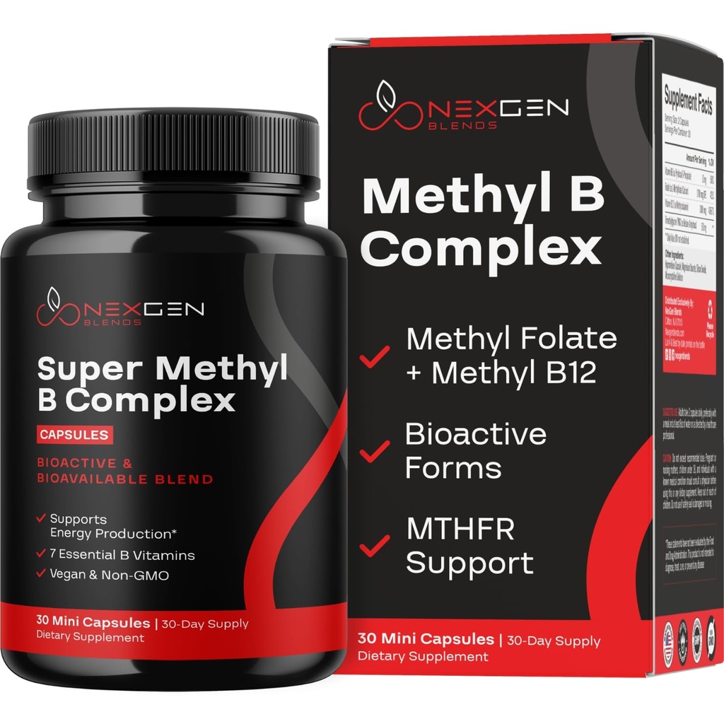 Methylated B Complex Vitamin Suplement - Bioactive Metil B Complex dengan 5- MTHF Methyl Folate & B12 Methylcobalamin untuk Energi Hati Otak & Homocysteine - Super Vitamin B Complex (30 count)