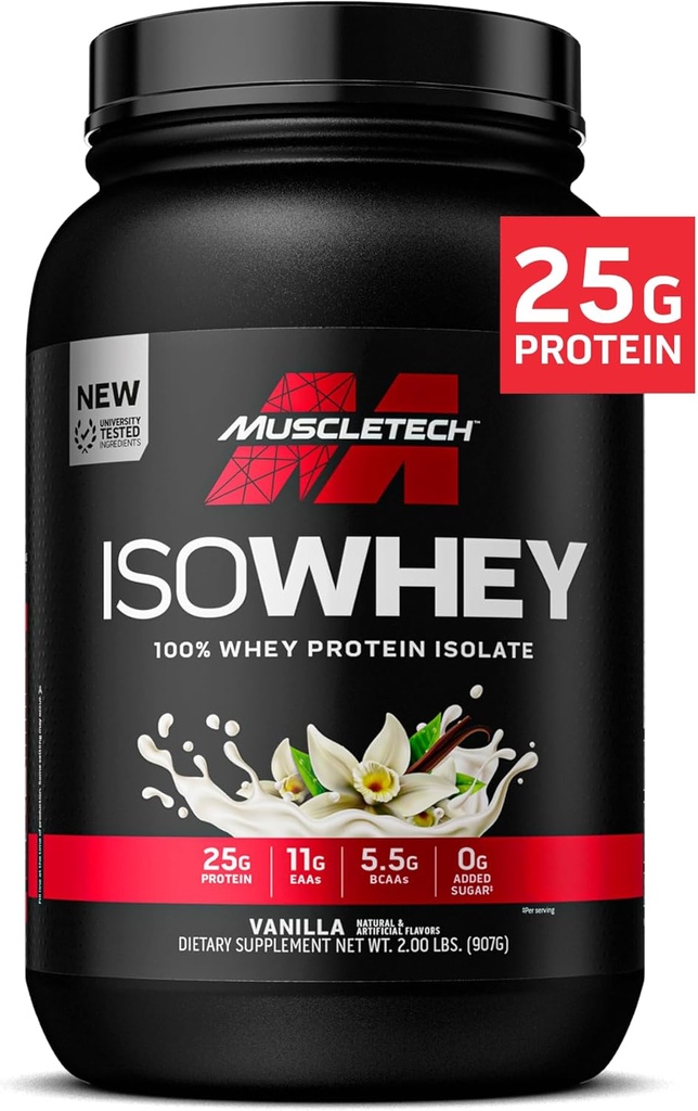 ISO MuscleTech Whiy Isolate Protein Powder, Vanilla - Post Workout Gym Suplement for Lean Muscle Gain, Body Building Weight & Recovery - 25g Protein, BCAA, EAA & 0 Ditambahkan Sugar - 2lbs