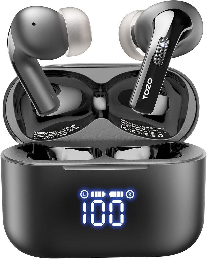 TOZO T20 Wireless Earbuds Bluetooth Headphone 48.5 Hrs Playtime with LED Digital Tampilan, IPX8 Waterproof, Dual Mic Call Noise Membatalkan 10mm Pembicara Range Broad dengan Wireless Case