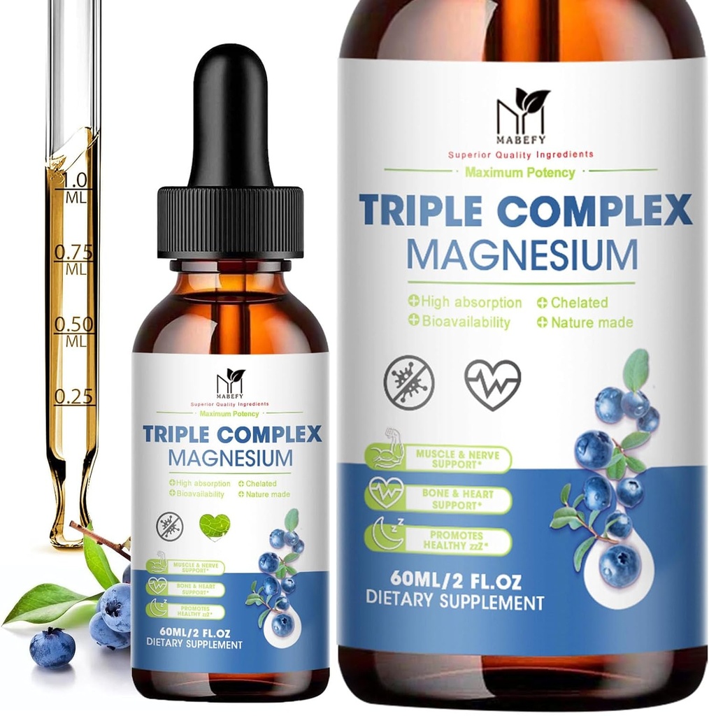 Magnesium Glycinate Liquid Drops Complex Suplement with Tadrate, Malate for Ctle, Kram Kaki, Energi 124; Sugar- Free dan Natural Vegan Magnesium, Blueberry Flavor