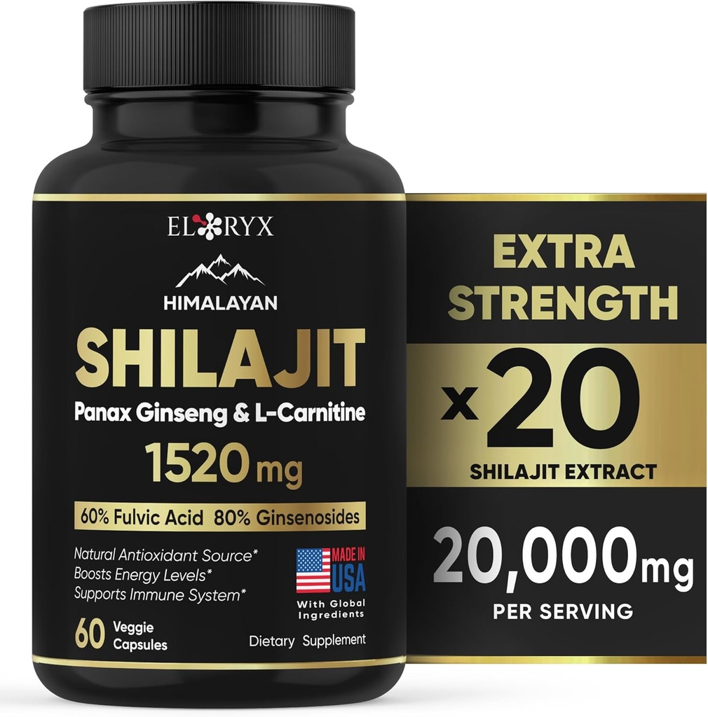 Hilayan Shilajit Suplemen, 60 Capsules, Extract Powder, 60% Fulvic Acid, 85 + Trace Mineces, Energy & Imune Dukung Shilajit for Men & Women, Alternative to Autenc Resin atau Pil USA