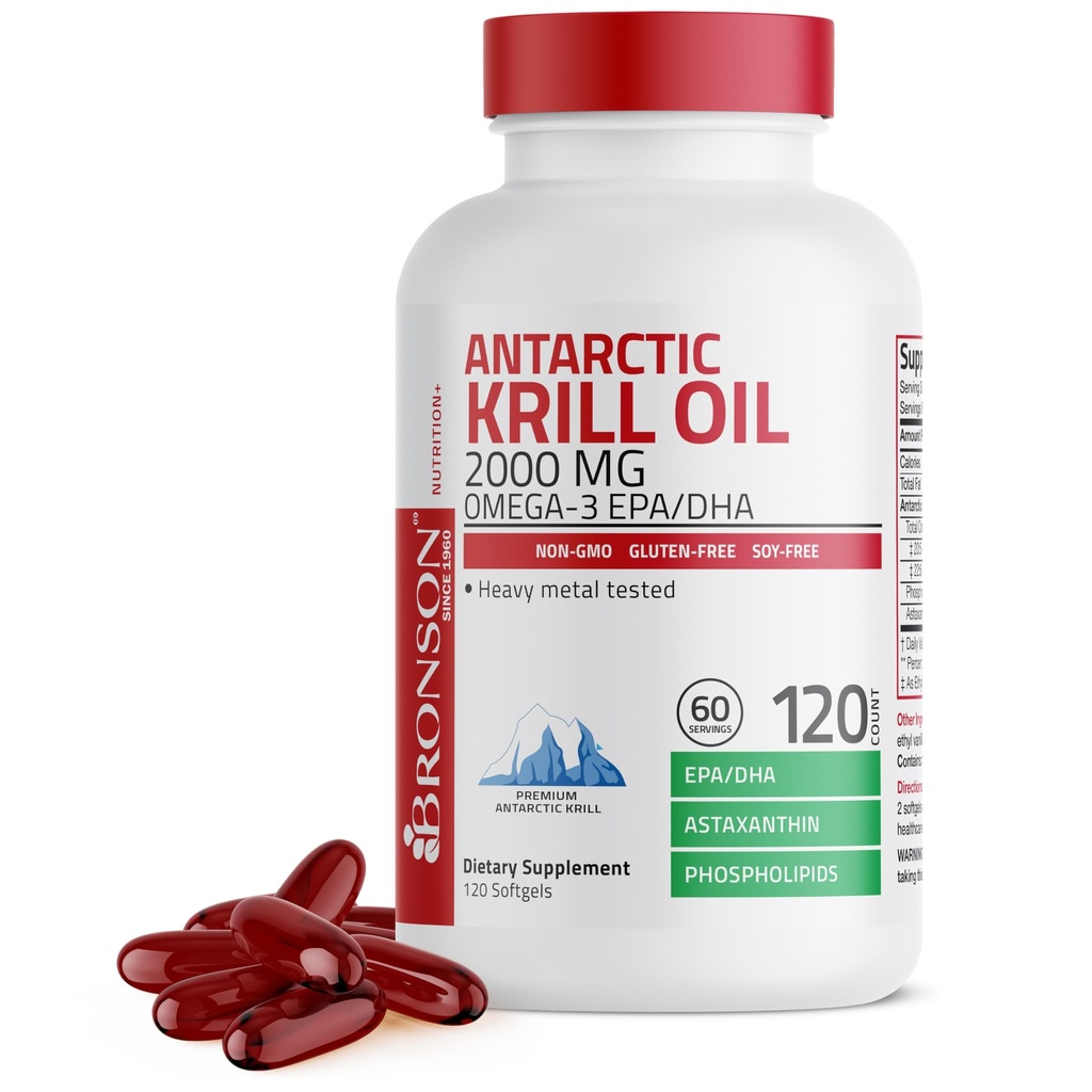 Bronson Antartika Krill Oil 2000 mg dengan Omega- 3s EPA, DHA, Astaxanthin dan Phospholipids 120 Softgeels (60 Servings)