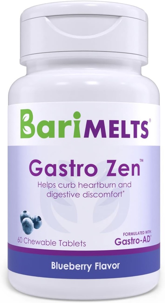 Baristelts Gastro Zen ® dengan Gastro-AD ®, 60 Chewable Tablet (Persediaan 1 Bulan), Stok untuk Relief Heartburn dan Kesehatan Gut Setelah Operasi Baritric
