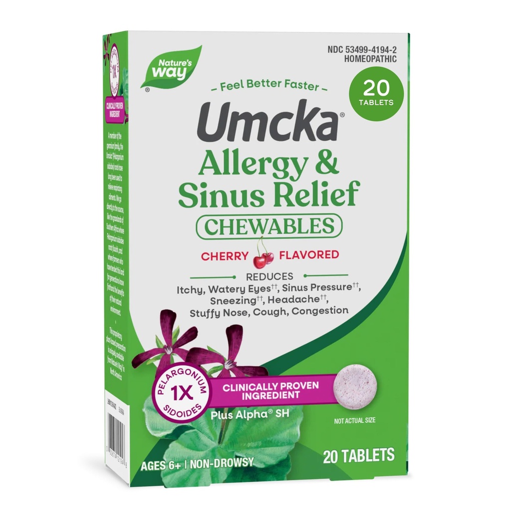 Nature 's Way Allergy + Sinus Relief Chewables, Umcka, Sneezing *, Runny Nose *, Headache *, Batuk, kemacetan, Phenylephrine, Non- Drowsy, Cherry Flavored, 20 Chelable Tablets (Packaging May Vary)