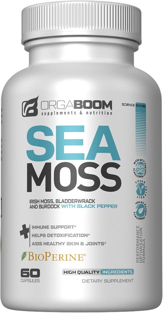 Sea Moss Capsules Irish Sea Moss Suplement with Organic Burdock Root, Bladderwrack & Black Pepper 12.4; Boost Energy, Detox & Imune Dukung 126-GMO, Vegan 124; Made in USA - 60 Count
