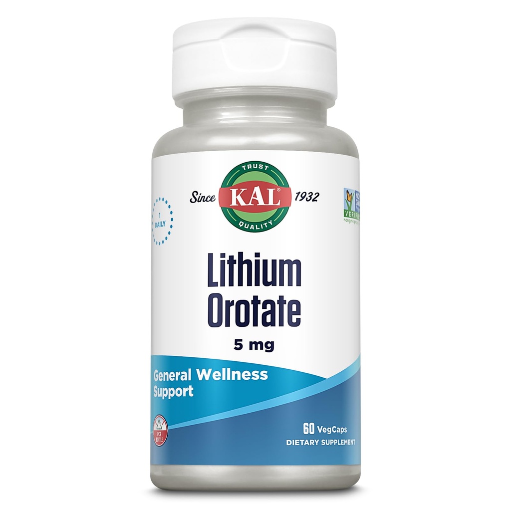 KAL Lithium Orotasi 5mg 124; Low Serving of Chelated Lithium Orotasi untuk Bioavability & Mood Dukung 124; dalam Organic Rice Bran Extract Base 124; 60 VevCaps