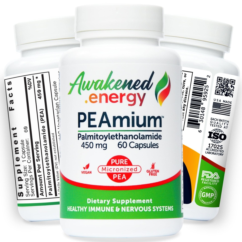 Plamitoylethanolamide 450mg Comfort Mobility Nerves Cognitive & Imuniune Tinggi Diserahkan - All Natural Pea - USA Made - No Addonves or Excipients - 60 Vegan Capsules Suplemen