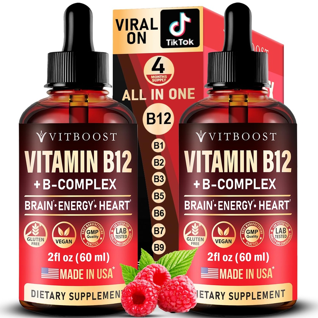 Vegan Vitamin B12 dengan Kompleks B 20000 mcg- Kekuatan Ekstra untuk Men dan Women-Raspberry Liquid Drops 12.4; AS Dibuat, B1, B2, B5, B6, Biotin, Folic Acid & B12 Sublingual Methycolamin 124; 4 Bulan Suite
