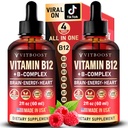 Vegan Vitamin B12 dengan Kompleks B 20000 mcg- Kekuatan Ekstra untuk Men dan Women-Raspberry Liquid Drops 12.4; AS Dibuat, B1, B2, B5, B6, Biotin, Folic Acid & B12 Sublingual Methycolamin 124; 4 Bulan Suite