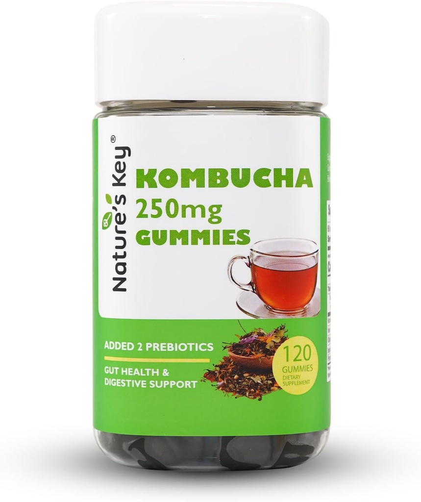 Nature 's Key Kombucha Gummies for Digetical Support & Gut Health, with 2 Pregories - Inulin & Oligogalaktosa, Plus Fiber dan Pomegranate Juice 124; 120 Gummies (2 Bulan Suppply)