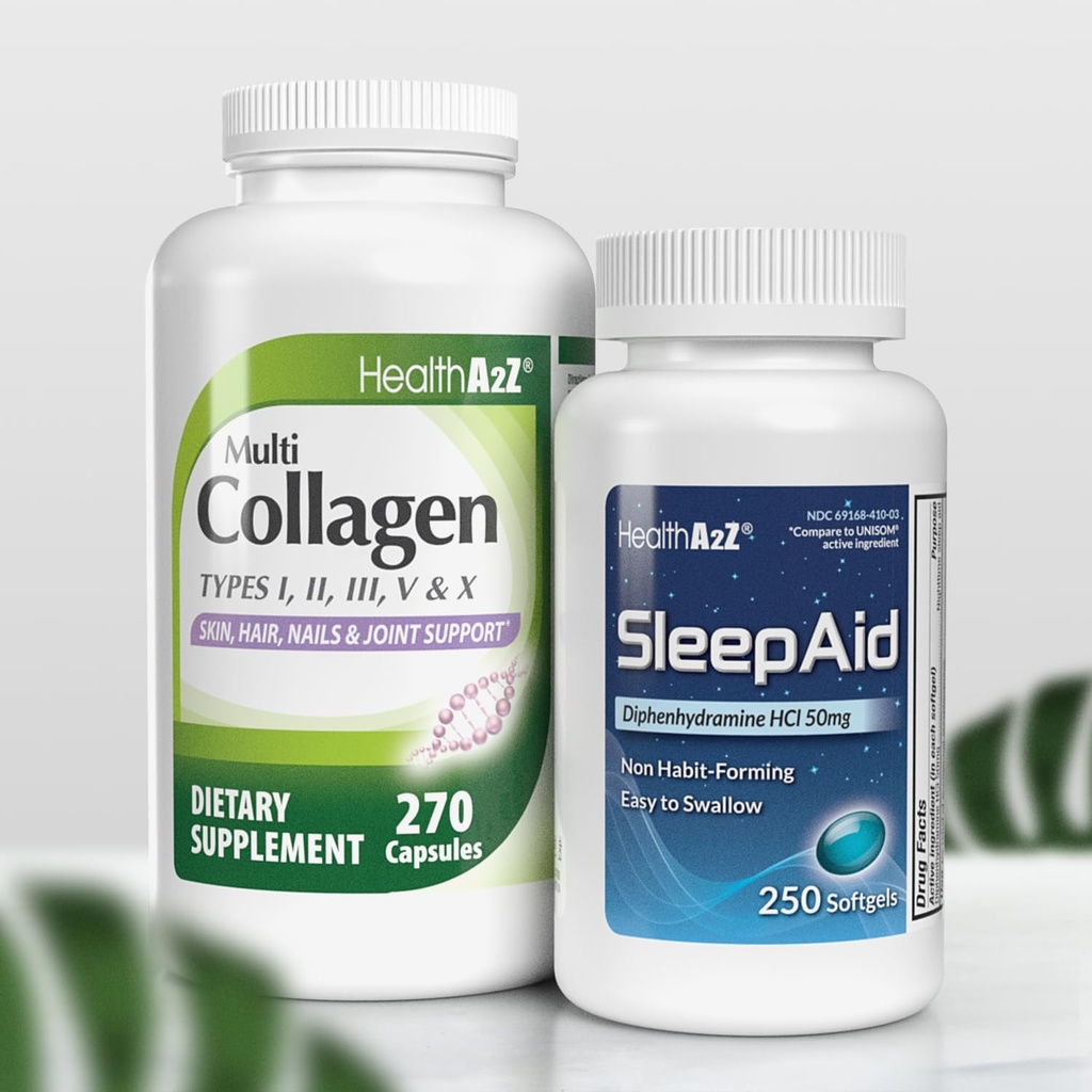 HealtA2Z ® Sleep & Regenate Combo Sleep Aid 50mg Diphenhydramine HCI (250 Softgels) Multi Collagen Pil, 1735 mg (270 Collagen Capsules) - Bundle Deal!