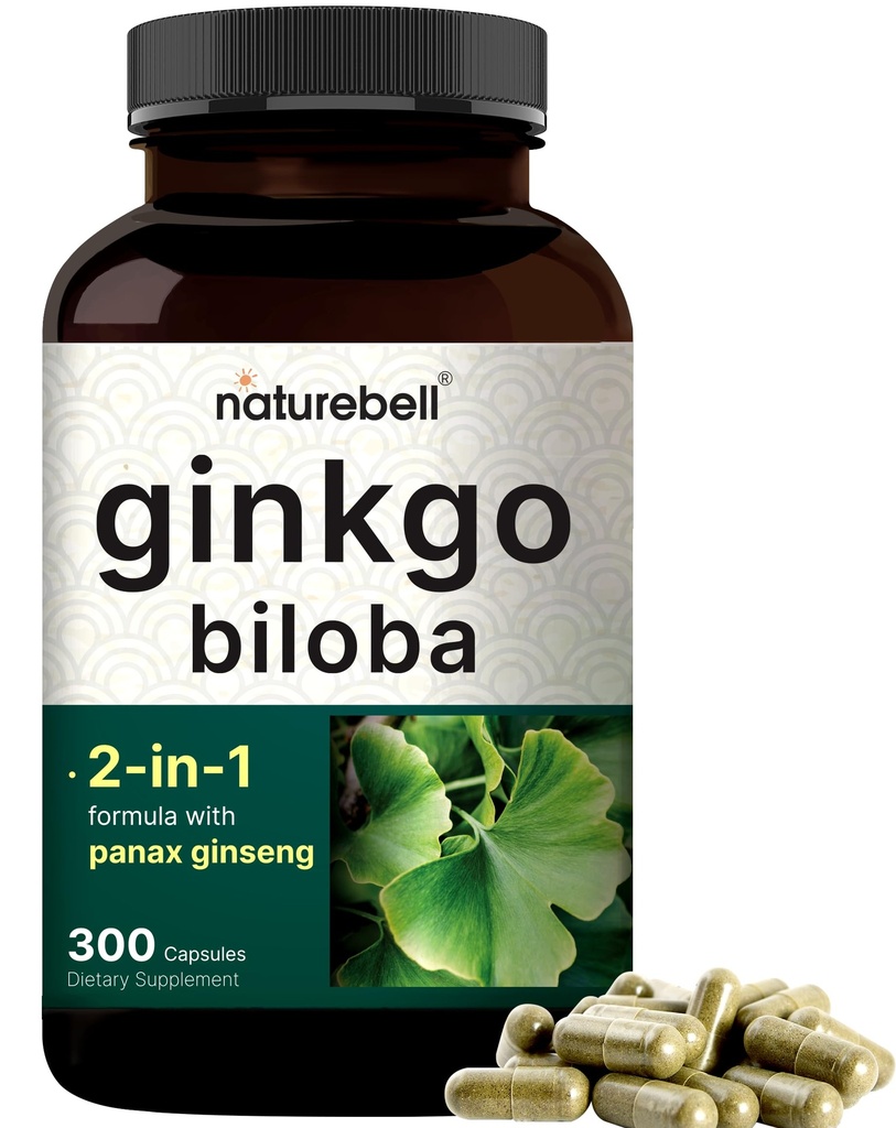 NatureBell Ginkgo Biloba 60000mg dengan Panax Ginseng Per Serving 124; 300 Kapsul - Max Kekuatan Ginko Biloba Ekstraksi Suplemen - Promotes Memory, Fokus, dan Kesehatan Otak