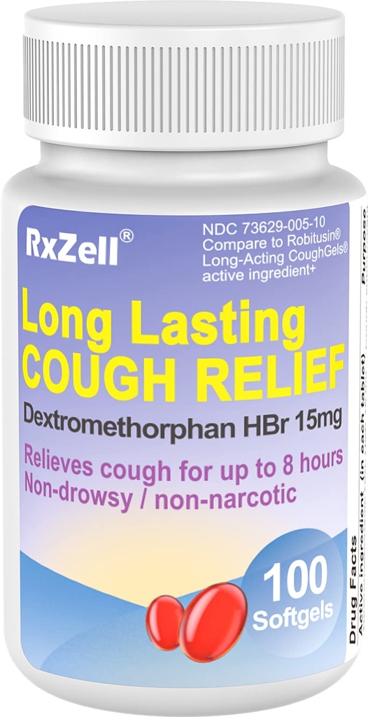 Relief Batuk Dewasa, Dextromethorphan HBr 15mg (100 Softgels), Lasting panjang 8 Jam, Non-Drowsy, Batuk / Bronchial Suppresan