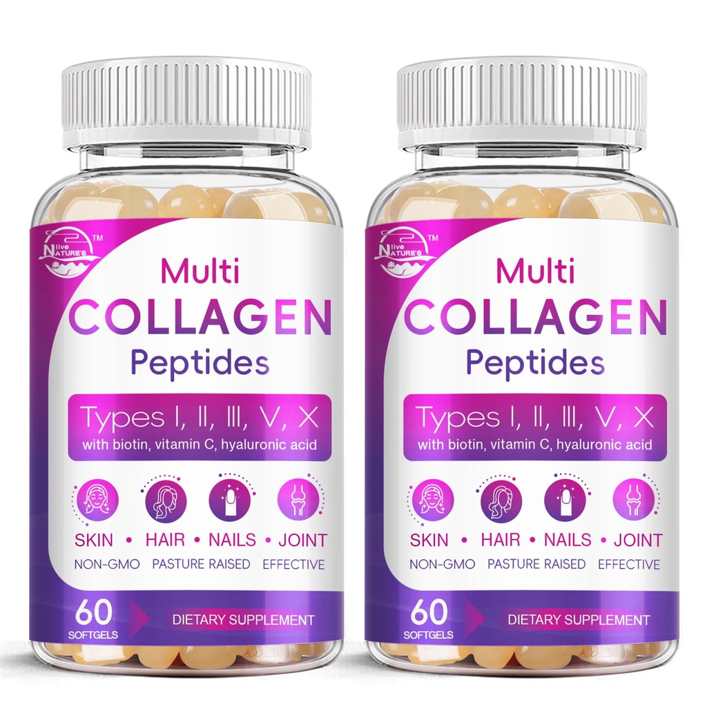Multi Collagen Peptides Softgel - Tipe I, II, III, V, X - Collagen Collagen Peptides dengan Biotin, Vitamin C, Acid Hyaluronic, Supports Skin Hair Nail, Grass-Fed, Non-GMO, 60 Softgel, 2 Pack