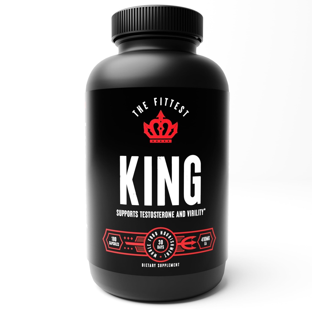 The Fittest King - Testosterone Booster Supplement - Suplemen Hormone Health, Stamina, & Kekuatan - Termasuk Grass Feed Bovine Liver, Bone Marrow, Heart & Testicle - 180 Capsules