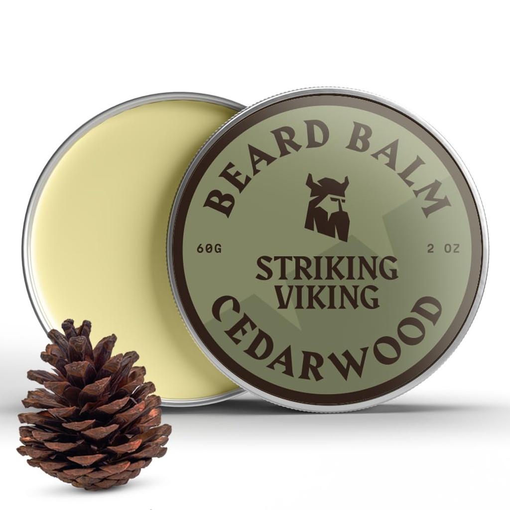 Striking Viking Balm for Men - Leave in Beard Conditioner - Styling Balm Made with Alamy Deherved Beard Butter, Argan & Joba Ounce (2 Ounce (Paket 1), Cedar Scent)