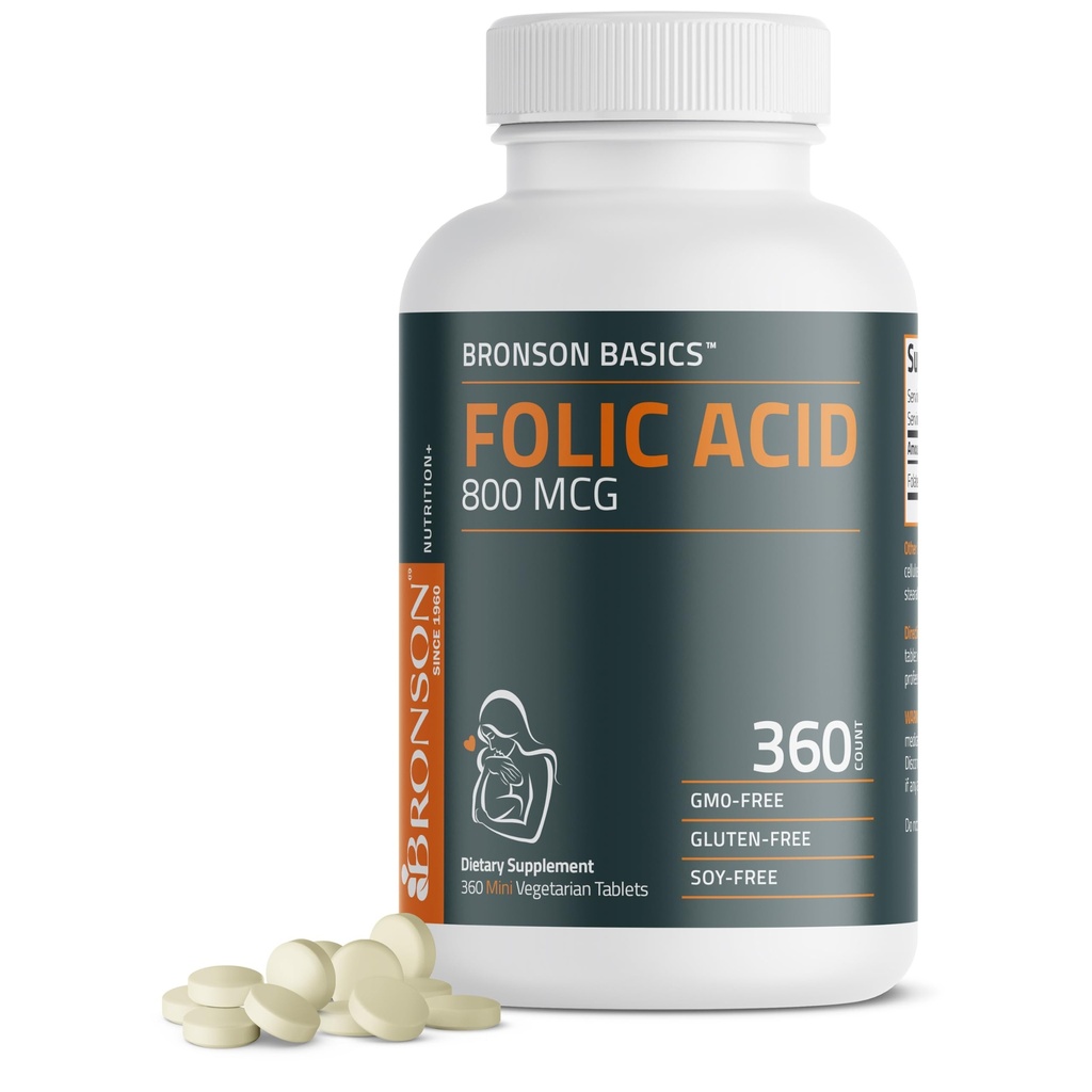 Bronson Folic Acid 800 MCG Support Prenatal Development, 1 Year Supply, Non-GMO, 360 Tablet