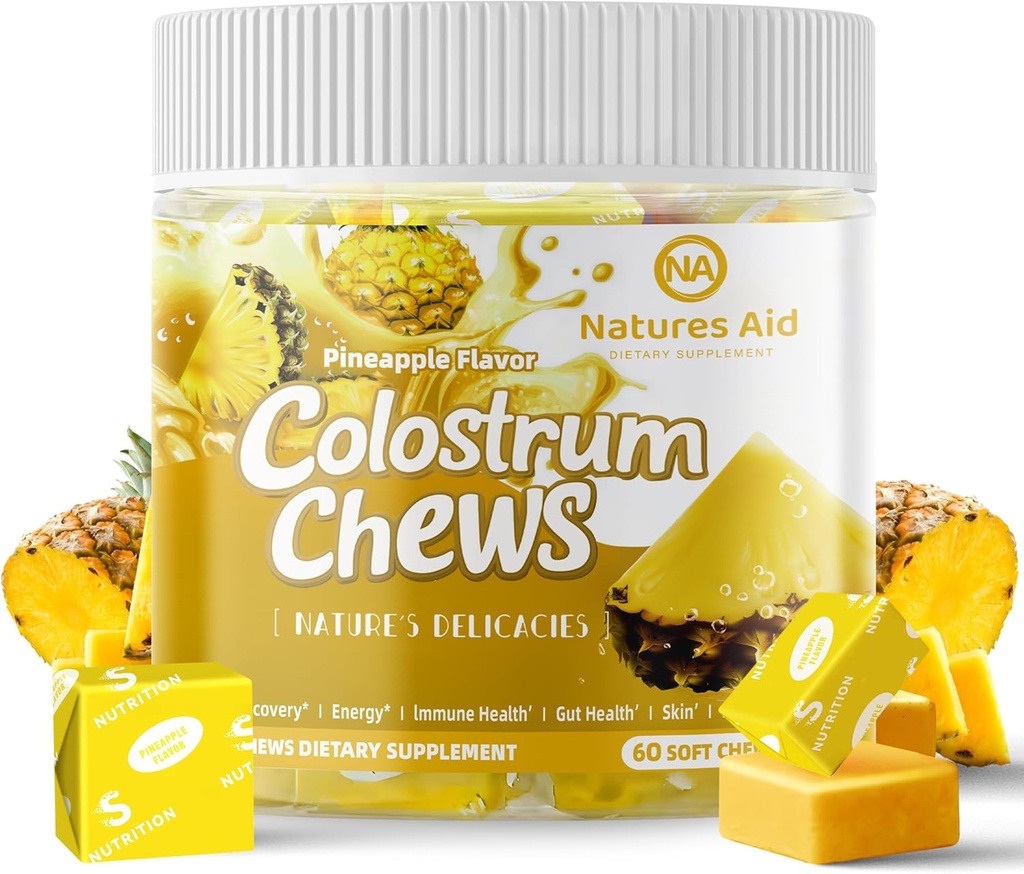 Colostrum Chews Supplement with progrants for Gut Health, Bloating, Immune Dupport, Skin, Hair Growth and Beauty - Pineapple Flavor (60 Servings)