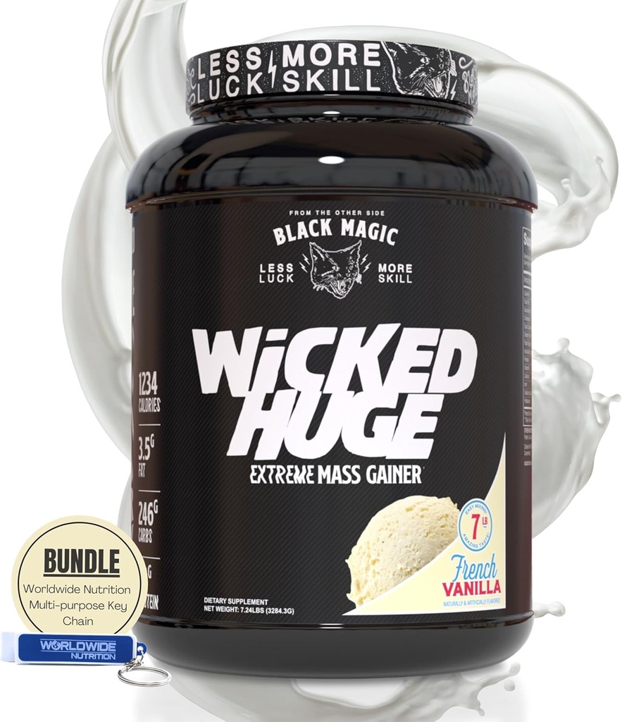 Kecocokan Nutrition Worldwide Bundle dengan Black Magic Wicked Besar - Mass Gainer French Vanilla Flavor untuk Dukungan dan Pemulihan Otot, 7.24 LBS Protein Powder Suplemen dengan Keychain