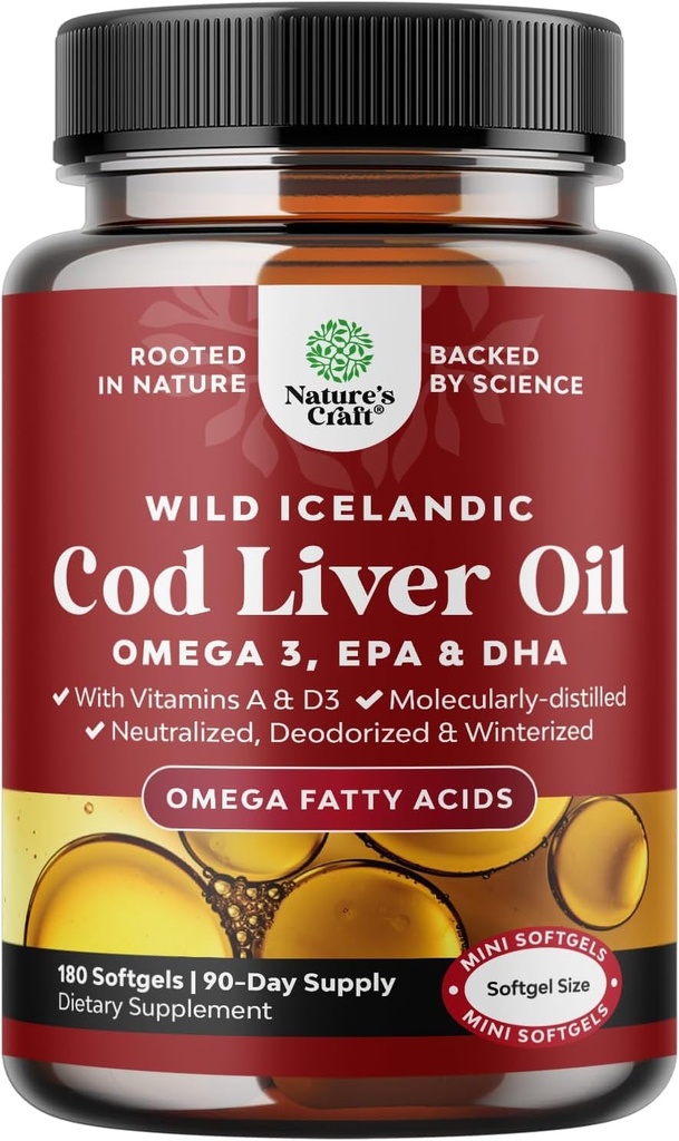 Icelandic Cod Liver Oil Softgeels - Wild Caught EPA DHA Omega 3 Fish Oil 10000mg per serving - Deadminated Wealless Fish Oil Suplemen dengan Vitamin D3 & A untuk Heart Joint Brain & Imune Support