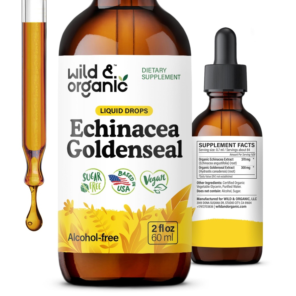 Wild & Organic Echinacea Goldenseal Drops - Imune Suplement Suplemen w / Goldenseal Echinacea Root Extract - Vegan, Sugar & Alcohol- Free Tincture - 2 fl oz