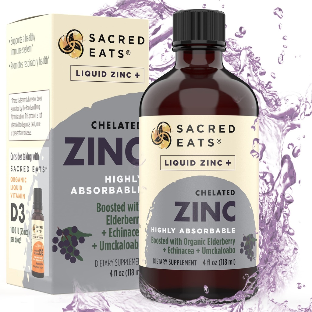Liquid Zinc (Glycinate Chelate) dengan Organic Elderberry & Echinacea (High in Quercetin): 124- 4-in- 1 Support Ammune & Kids, Great Tasting 124; Alkohol & Gluten Bebas, Non GMO (4.0 Oz)