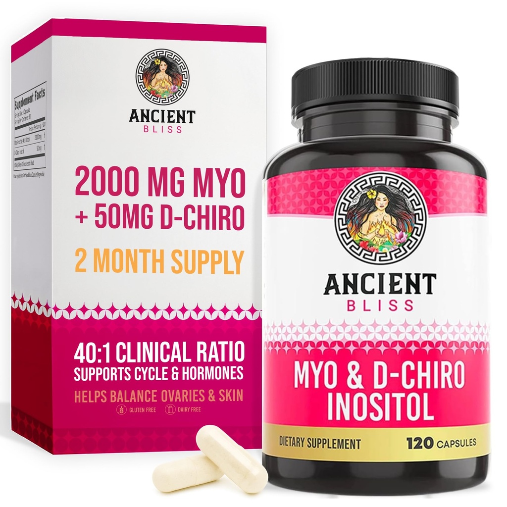 Myo & D-Chiro Inositol Suplement, 40 sampai 1 Rasio, Membantu dalam Dukungan Fungsi Ovarian untuk Perempuan, Vitamin B8 Membantu Regulate Siklus Menstrual, 2050mg per Serving, 120 Vegan Capsules