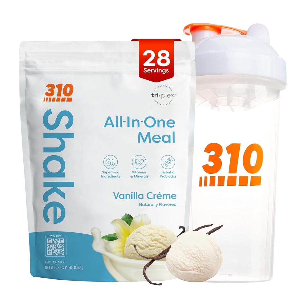 310 Nutrition All - inone Meal Replacement Shake Powder w / Shaker Cup Starter Kit - High Protein Fiber Rich Vegan Superfood Blend - Sugar- Free, Keto & Paleo Frid, Low Carb - Vanilla Creme 28 srv