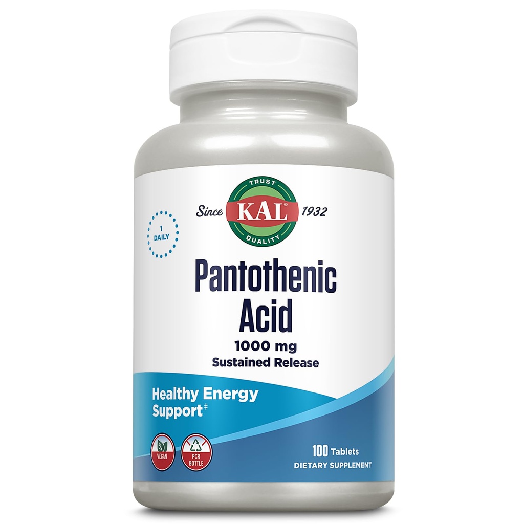 KAL Panthenic Acid 10000mg, Deadden Rilis Vitamin B5 - Energy Suplemen - Support Metabolisme dari Carbs, Fat dan Protein, Rambut dan Skin Health, Vegan, Jaminan 60- Hari, 100 Pelayan, 100 Tablet