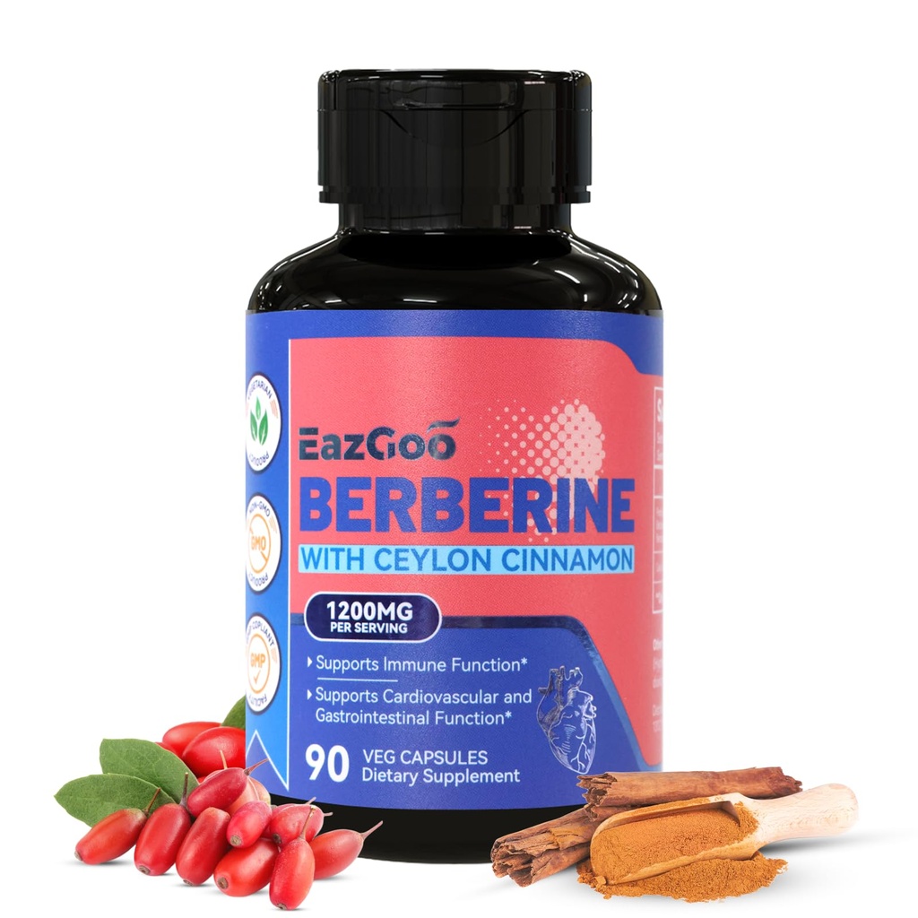 Suplemen Premium Berberine 1200 mg dengan Cinnamon Ceylon - 90 Vegan Capsules - Berberine HCL Tambahan GMO Bebas, Imune Dukungan