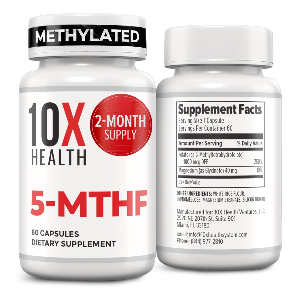 10X Kesehatan 5- MTHF Methylfolat - Methylated Finolate & Magnesium for Brain, Heart Health, DNA & Neurrotransmitter Synthesis - Bioavailable Methyl Folate Supplemen - Methylfolat 60 Kapsul