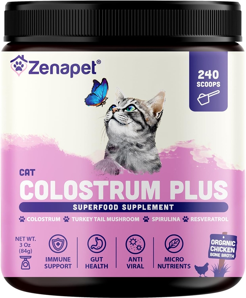 ZENAPET Cat Colostrum Plus Premium Powder Topper, Imune & Digetical Health Supplement, 240 Servings (Supply 8- Bulan), Support Skin & Coat, Dibuat di USA
