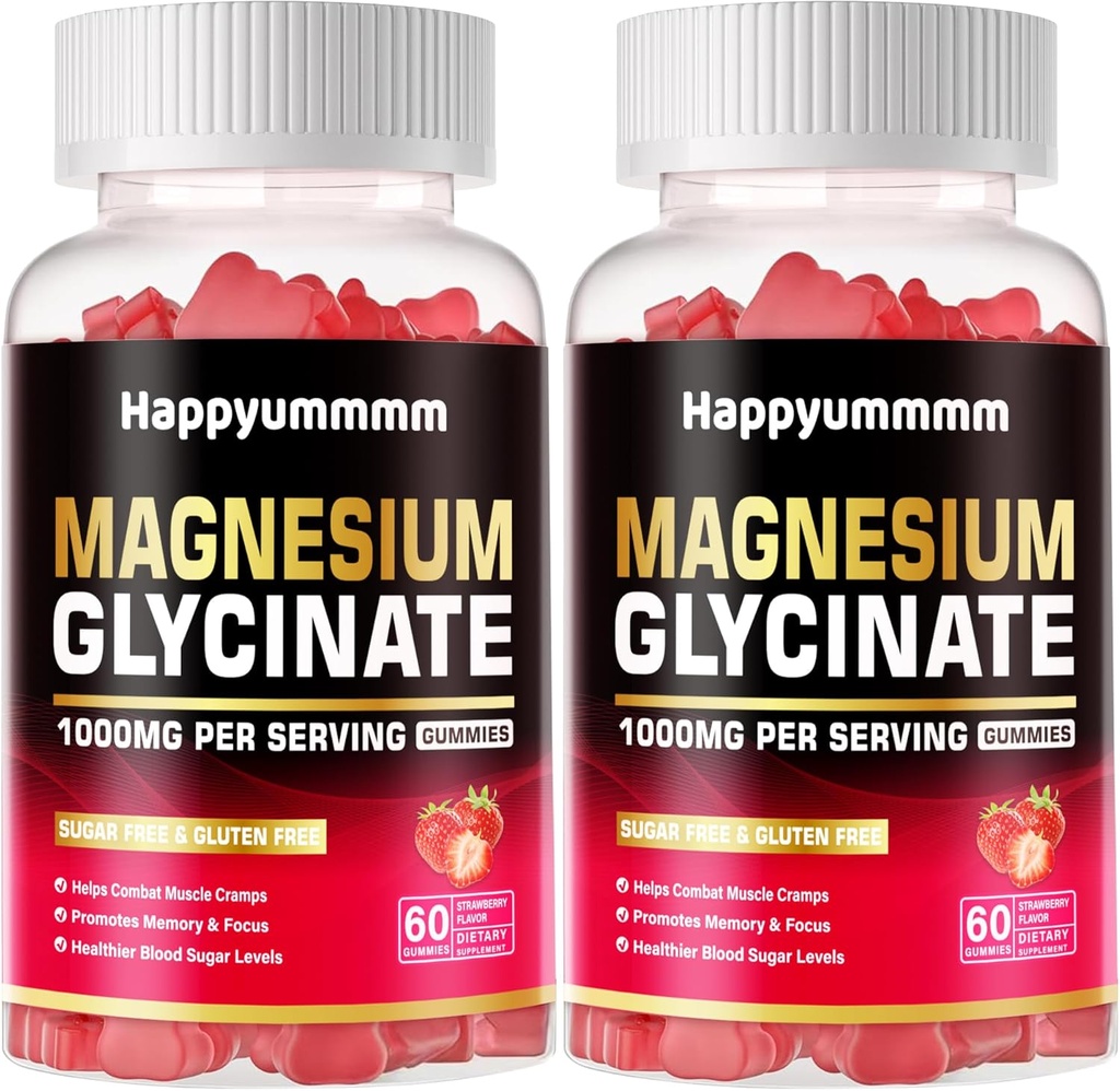 Magnesium Glycinate Gummies 1000mg - Sugar Free Magnesium Potasium Suplemen dengan Vitamin D, B6, CoQ10 untuk Calm Mood & Sleep Dukungan - 120 Strawberry Gummies